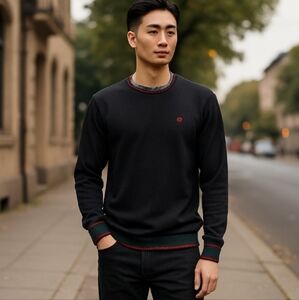 100% Cashmere Black Sweater with Red and Green Accents